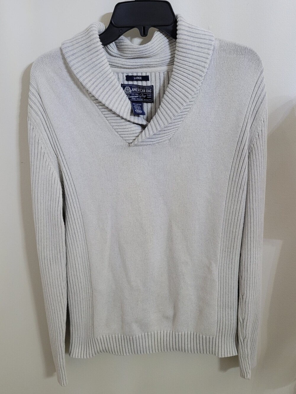 American Rag CIE Men's Light Gray V-Neck Shawl Collar 100% Cotton Sweater Size L